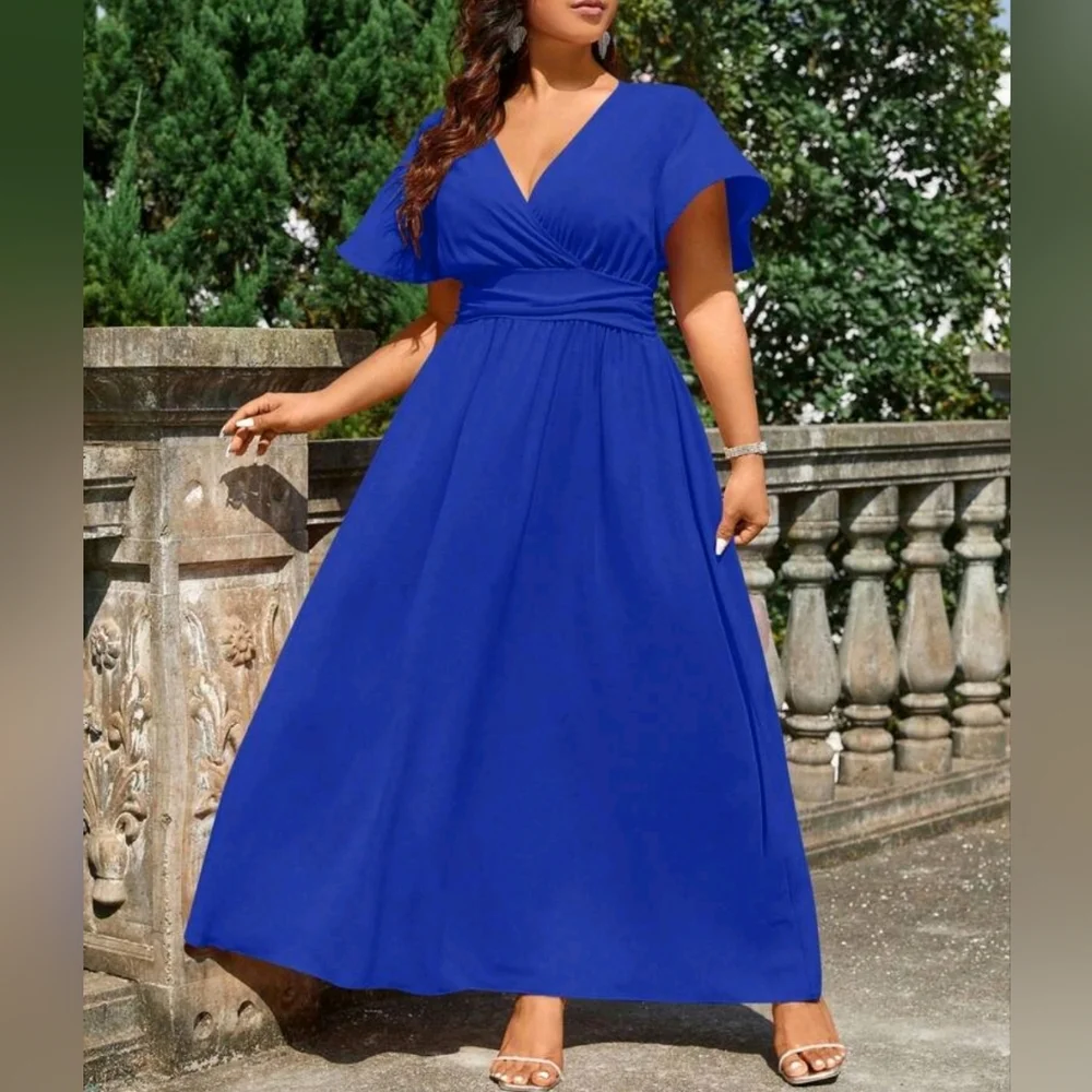 NEW Chic Ruched Waist Flutter Sleeve Maxi Dress PLUS Royal Blue